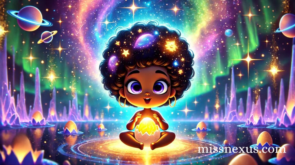 A magical and vivid cartoon-style image of a young Black girl, embodying her inner child, sitting cross-legged on a glowing cosmic floor. She is surrounded by swirling galaxies, shimmering auroras, and glowing stars that seem to whisper secrets of the Universe. She holds a radiant, cracked egg in her hands, golden light streaming out, symbolizing the discovery of life's meaning. Her expression is one of awe, wonder, and joy. The scene feels playful, impenetrable, and deeply magical, with vibrant colors and a dreamy, animated charm.